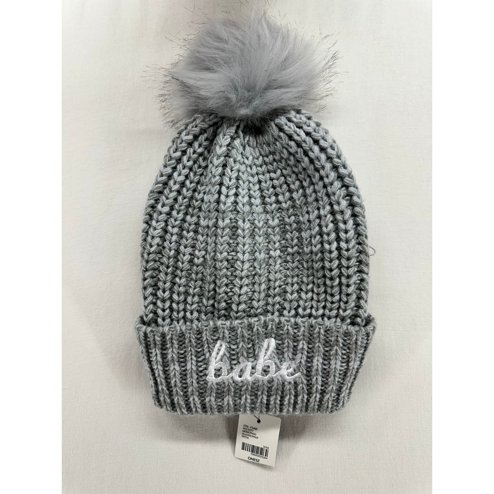 Lane Bryant Gray Babe Embroidered Beanie Faux Fur Pom Pom Cable Knit Hat NEW